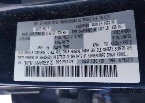 2017 Mazda Mazda3 Sport from USA, damaged, VIN 3MZBN1U79HM153179